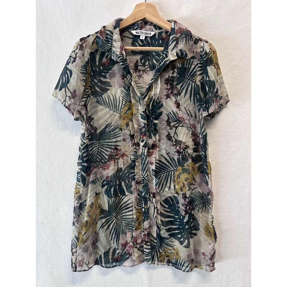 Walter Baker Sheer Floral Tropical Blouse Metallic Stripes Size Small